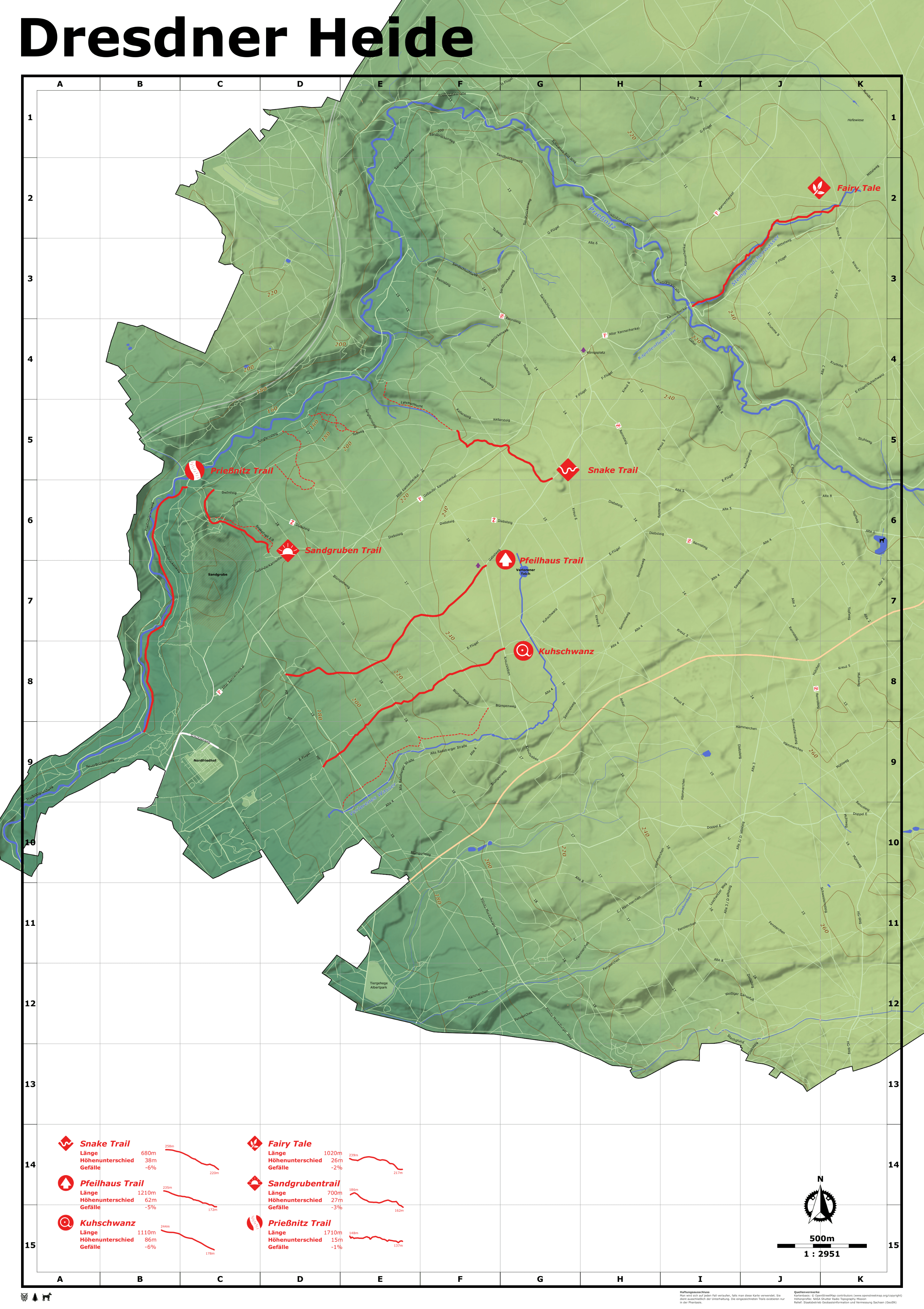 A map of a forest area with some mountain biking trails highlighted in red