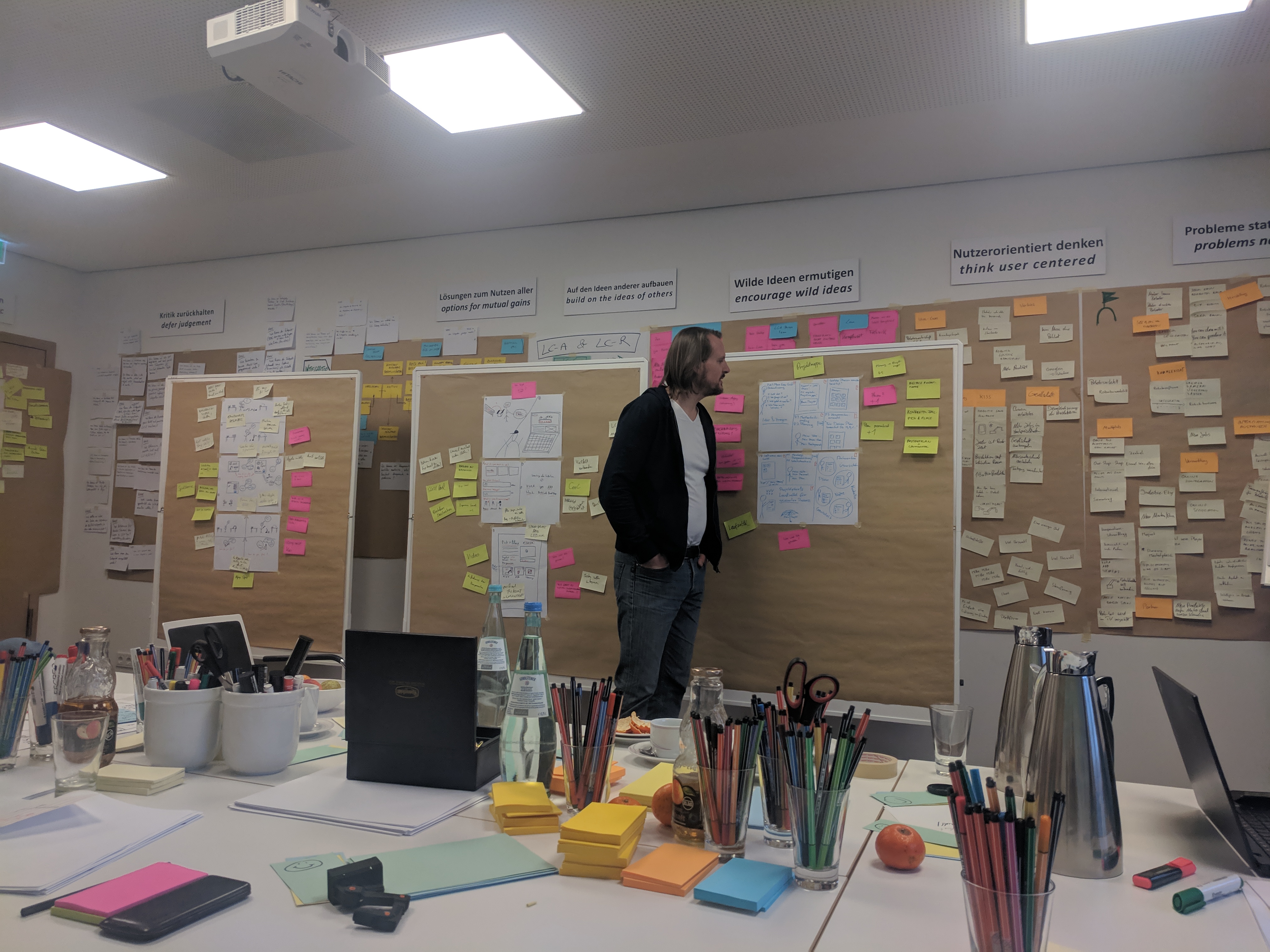 A picture taken during a design sprint, showing whiteboards