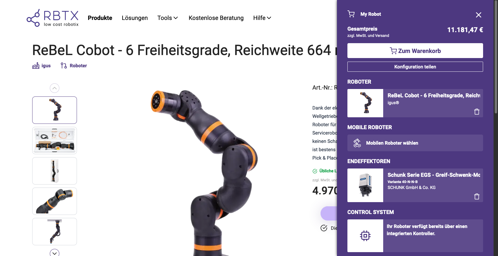 A screenshot of an online marketplac, showing the possibility to add robotics components to a shopping cart