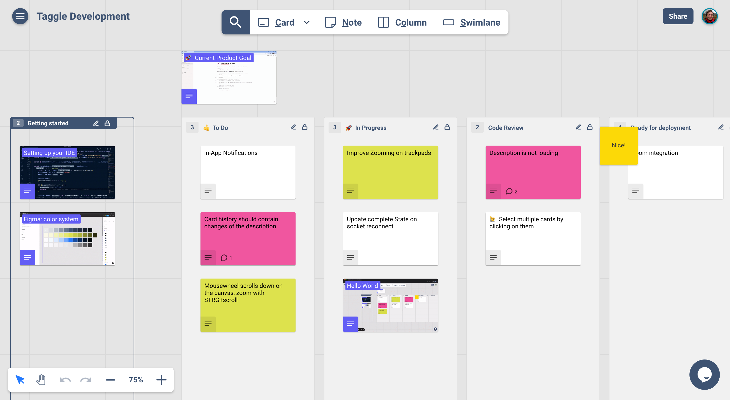 A screenshot of a colorful whiteboard like web application that also includes a kanban flow